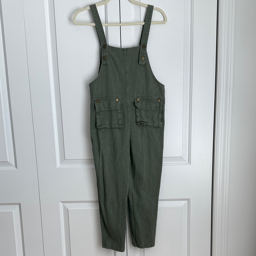 Olive Green Pinafore Crop Overalls with Front Cargo Pockets